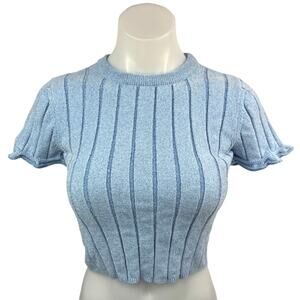 Zara Blue Velvet Velour Crewneck Short Sleeve Stretch T-Shirt Crop Top Sweater S